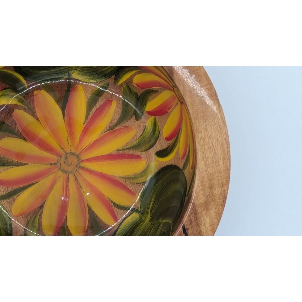 Hand-Painted Wooden Bowl With Vibrant Floral Design